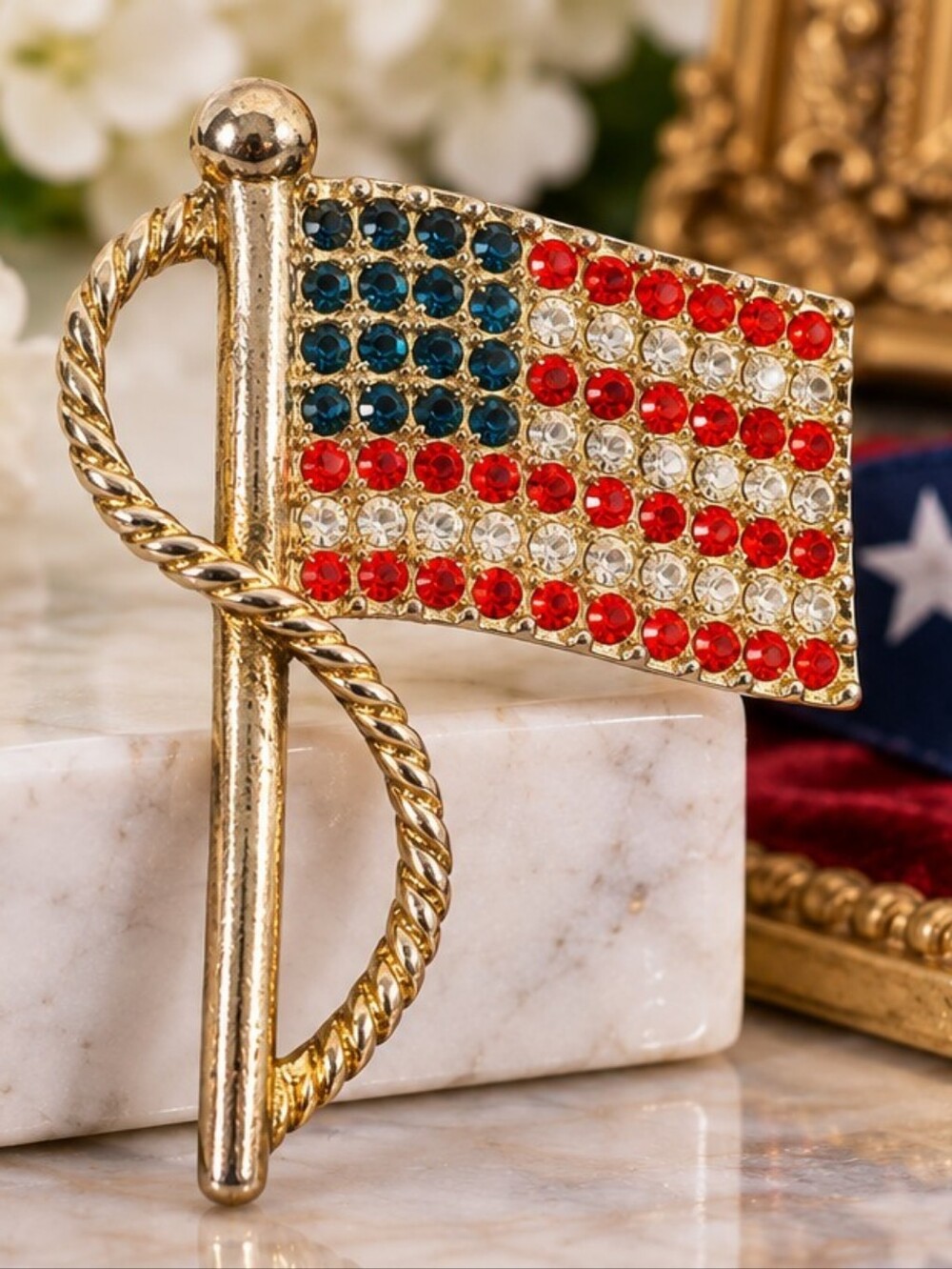 Vintage BEST American Flag Brooch Red White Blue Rhinestone Patriotic Pin